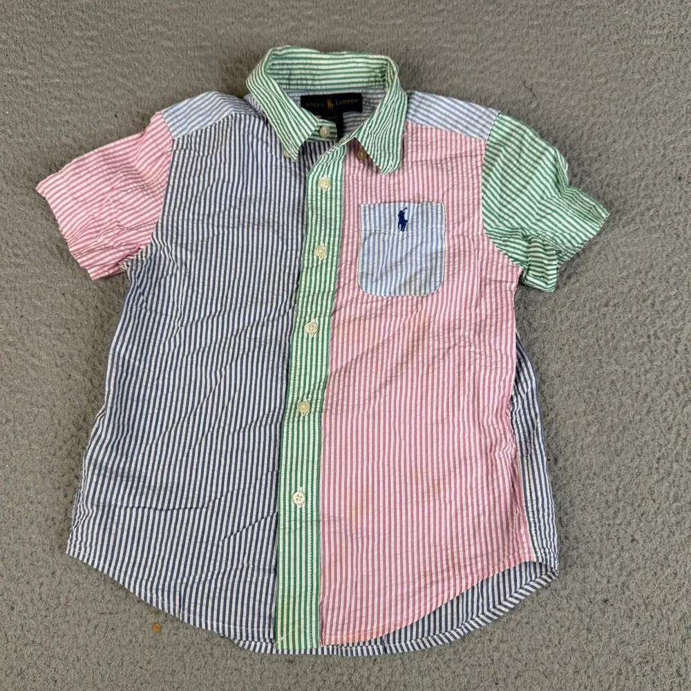 Ralph Lauren Shirt Boys 4/4T Multi Seersucker Button Striped Pony Colorblock